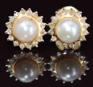 A pair of 18ct gold earrings each set with cultured pearls surrounded by diamonds, 2.9g
