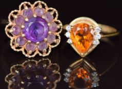 Two 9ct gold rings, one set with a pear cut citrine and diamonds and the other a cluster of