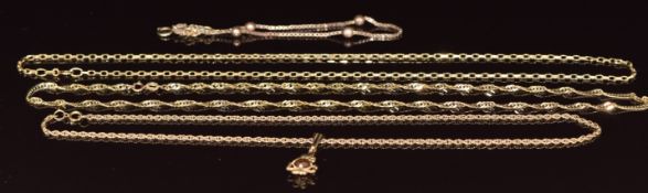 Three 9ct gold chains and a 9ct gold bracelet, 12.1g