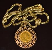 1902 Edward VII gold half sovereign in 9ct gold pendant mount, on 9ct gold chain, 14.6g