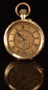 Unnamed 14ct gold keyless winding open faced pocket watch with blued hands, black Roman numerals,