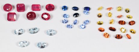 Five loose oval cut aquamarines (2.1ct total), eleven oval cut blue spinel (2.8ct), seven rubies (