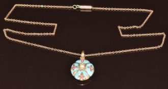 Victorian locket / pendant set with aqua enamel, a split pearl and rubies, verso a locket