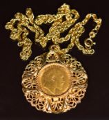 1908 Edward VII gold full sovereign in 9ct gold pendant mount, on 9ct gold chain, 28.9g