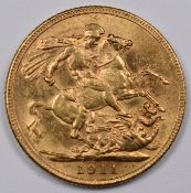 1911 George V gold full sovereign with Melbourne mint mark