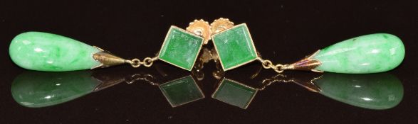A pair of 9ct gold earrings each set with square cut jadeite with a drop pear cut jadeite, 5.9g, 3.
