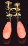 A pair of 9ct gold earrings set with coral, 3.5g, 2.6cm