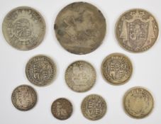 A quantity of Georgian silver coinage to include George IIII 1821 crown and 1825 shilling, George
