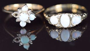 Two 9ct gold rings set with white opals and diamonds (one with stone missing and one band cut), 2.