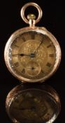 Unnamed 9ct gold keyless winding open faced pocket watch with inset subsidiary seconds dial, blue