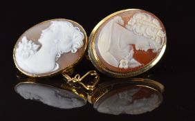 Two 9ct gold brooches set with cameos depicting young women, one 3.2 x 2.5cm the other 3 x 2.2cm,