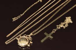 Four 9ct gold chains, 9ct gold cross, 9ct gold locket and damaged 9ct gold chain, 11.7g