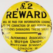Automobile Association style enamel £2 reward circular sign, of vintage or classic car interest,