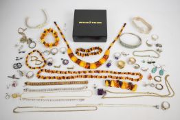 A collection of silver including eight rings, seven bracelets, eight pendants, three chains, eight