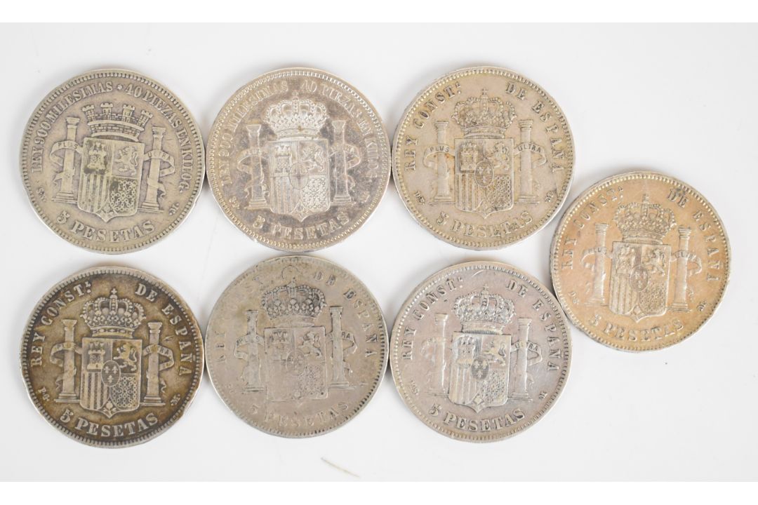 Seven Spanish 5 Pesetas coins comprising 1870, 1871, 1877, 1878, 1884, 1892 and 1898 examples - Image 2 of 2
