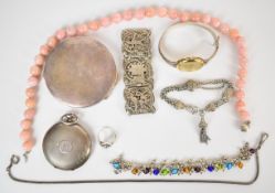 A hallmarked silver compact, silver filigree bracelet, silver pocket watch, white metal fob chain,