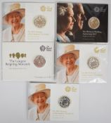 Five Royal Mint Queen Elizabeth II commemorative fine silver £20 coins, in presentation packs