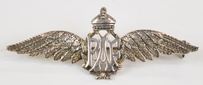 Silver RAF sweethheart brooch, the winged RAF logo surmounted by a King's crown, marked to rear 925,