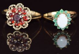 Two 9ct gold rings, one set with a cluster of garnets and the other an opal surrounded by