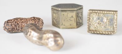 Hexagonal unmarked silver box with engraved decoration of ship beside a castle, novelty Mexican