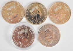Five silver Britannia coins comprising two 2016 including plain edge with impressed monkeys, 2018,