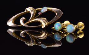 Art Nouveau 9ct gold brooch set with an opal and garnet and a pair of 9ct gold earrings set with
