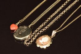 Four 9ct gold chains, one Victorian, 9ct gold locket, coral heart pendant and cameo pendant, 12.4g