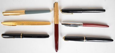 Seven various fountain pens including Conway Stewart, Parker Senior, Duofold, Waterman etc, some
