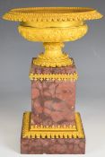 Gilt metal and marble pedestal urn, on square base, height 20cm