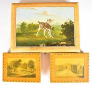 Satinwood box hand painted with a scene of a dog, opening to reveal four smaller boxes decorated