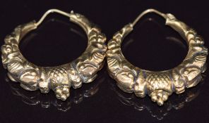 A pair of Victorian yellow metal earrings with embossed design, 3cm, 4.9g