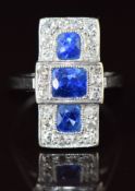 Art Deco 18ct white gold ring set with three cushion cut sapphires of approximately 1ct, 0.5t & 0.