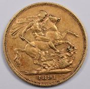 1891 Queen Victoria gold full sovereign with Melbourne mint mark
