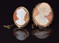 Two 9ct gold brooches set with cameos, 27.5g, 5.2 x 4cm, 4 x 3.1cm