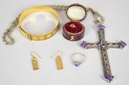 A large silver cross pendant set with treated topaz and marcasite, rolled gold bangle, 9ct gold