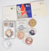 Six various silver commemorative coins to include 2016 Britannia, 2018 1oz 'Two Dragons' 90th