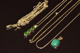 A 9ct gold snake chain, four 9ct gold chains, 9ct gold pendant set with diopside, 9ct gold pendant