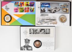Three Royal Mail silver proof coin and stamp covers including James Bond