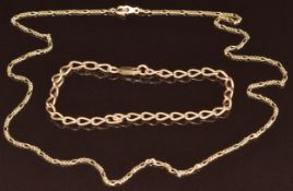 A 9ct gold bracelet (18cm) and 9ct gold chain, 7.4g, 45cm