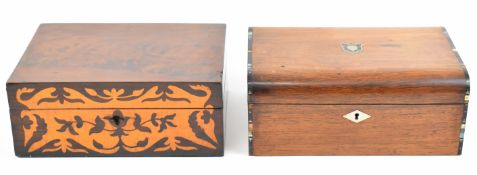 Two 19th century inlaid satinwood and mahogany workboxes, one with sectional lift out tray,