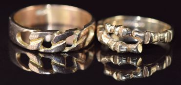 Two 9ct gold rings, one with bamboo decoration and the other curb link, 4.8g, sizes H & N