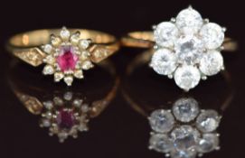 A 9ct gold ring set with a ruby surrounded by diamonds and a 9ct gold ring set with cubic