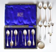 Georgian and later hallmarked silver cutlery comprising a set of five teaspoons, cased set of five