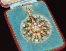 Late Victorian metamorphic pendant/ brooch set with old cut diamonds and split pearls, with