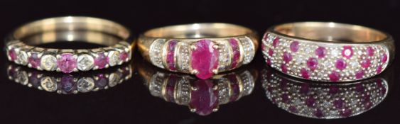 Three 9ct gold rings set with rubies and diamonds, 6g, sizes M & K