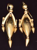A pair of Etruscan Revival yellow metal earrings (testing as 15ct), 6.4g, 6.5cm