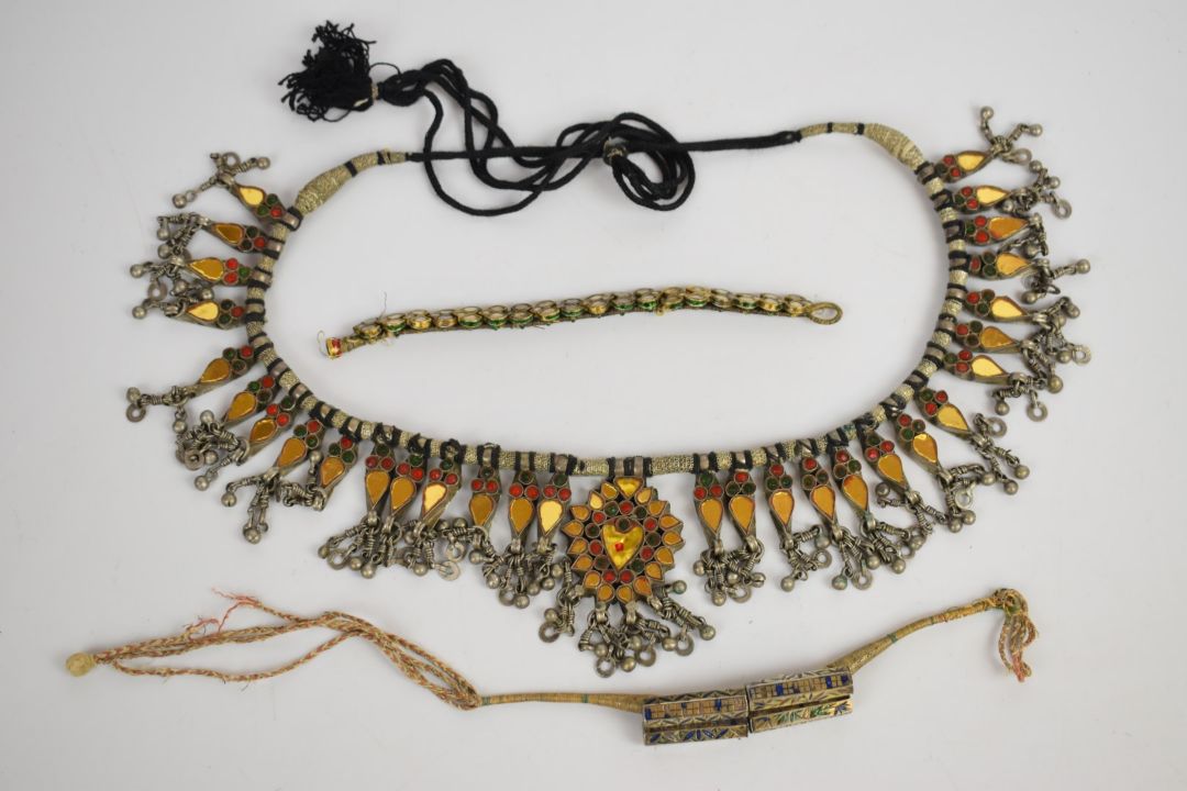 Two Indian bracelets made up of enamelled white metal links and an Indian white metal necklace - Image 1 of 3