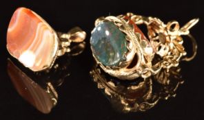 A 9ct gold swivel fob set with agate and another 9ct gold fob set with agate, 7.4g