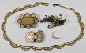 A rolled gold necklace, Victorian locket, silver brooch, section of 15ct gold ring set with five