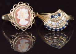 Two 9ct gold rings, one set with sapphires and cubic zirconia and one a cameo, 5.1g, sizes K & N